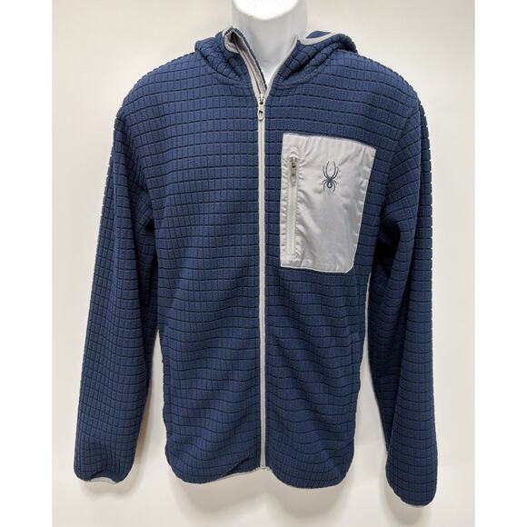 Spyder Men's Full Zip Jacket Hoodie Fleece Dry Thermo Web Blue Textured Medium - Picture 1 of 5